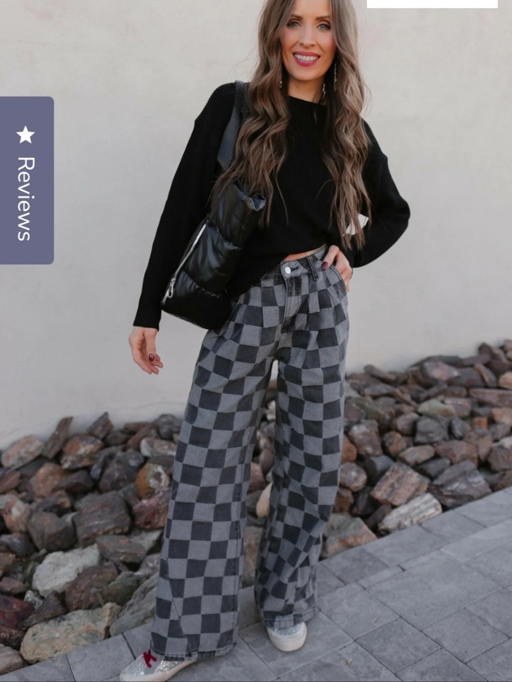 Wide-Leg Checkerboard Pants in Gray